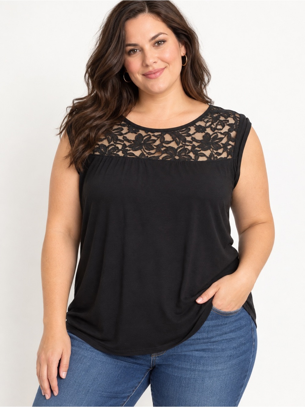 Fenn Wright Manson 1X Black Lace Yoke Rayon Stretch Blouse Top